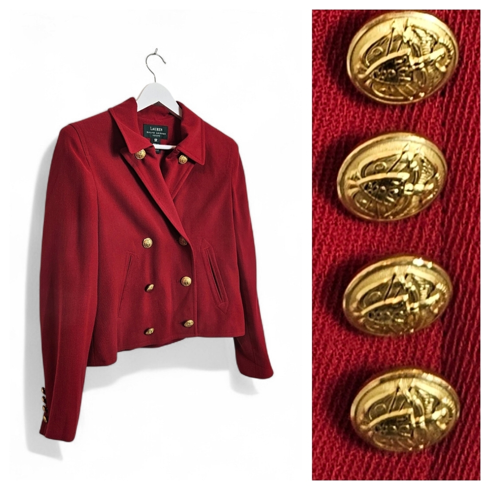 Vintage Lauren Ralph Lauren Wool Blazer 10P Double Breasted Gold Crest Red USA